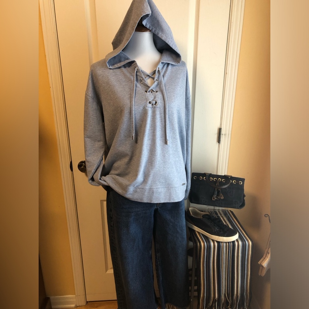 Michael Kors heathered blue Lace-Up Hoodie Sweatshirt
